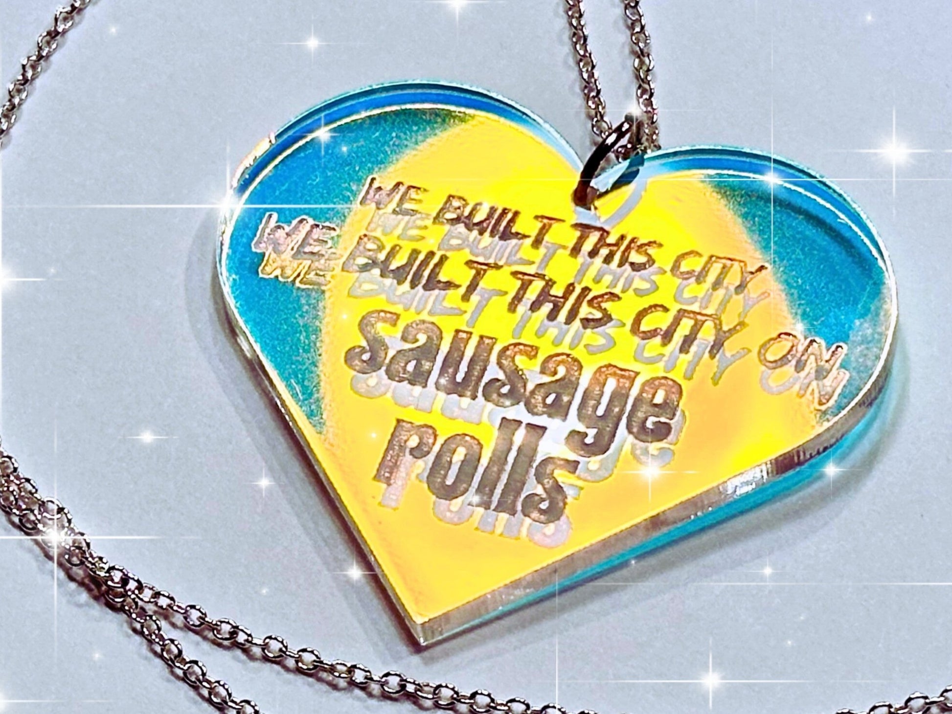 Misheard Lyrics Pendant | We Built This City on Sausage Rolls - Painted Raina