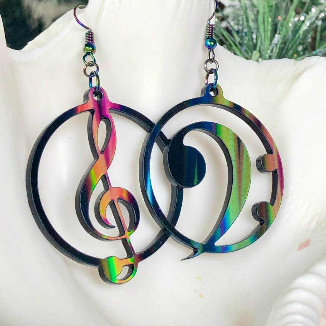 Music Lover's Treble and Bass Clef Earrings - Black Aurora - Driftless Enchantments