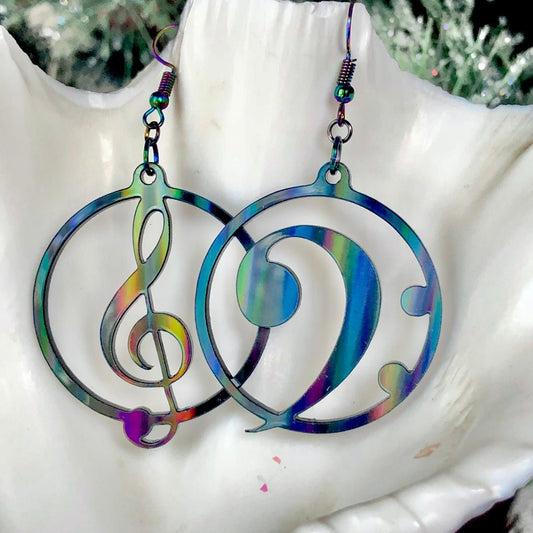 Music Lover's Treble and Bass Clef Earrings - Black Aurora - Driftless Enchantments