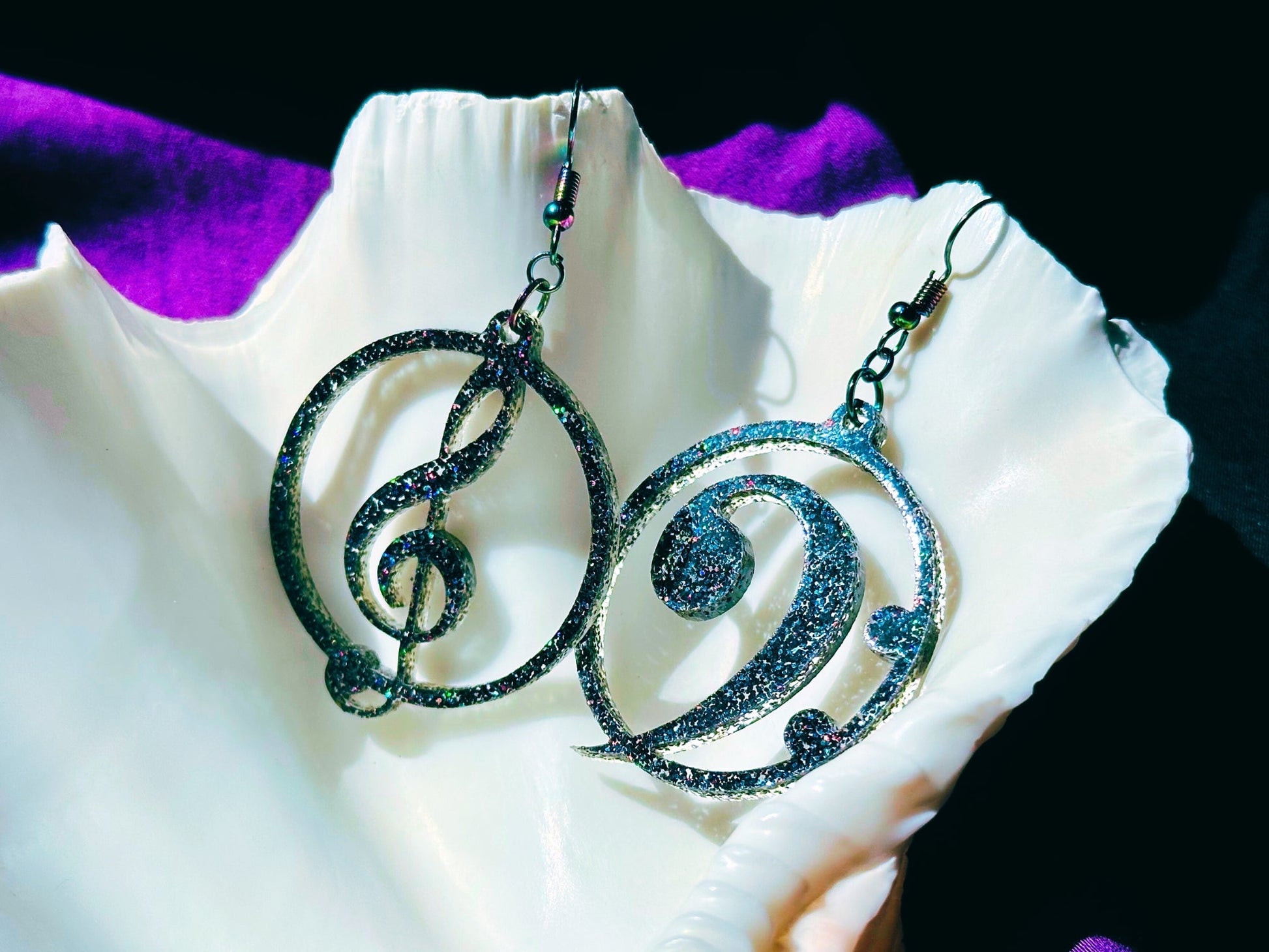 Music Lover's Treble and Bass Clef Earrings - Black Rainbow Glitter - Driftless Enchantments