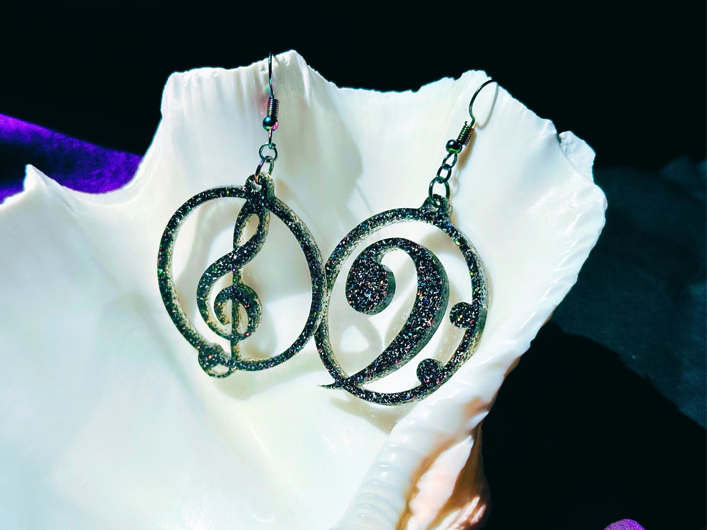 Music Lover's Treble and Bass Clef Earrings - Black Rainbow Glitter - Driftless Enchantments