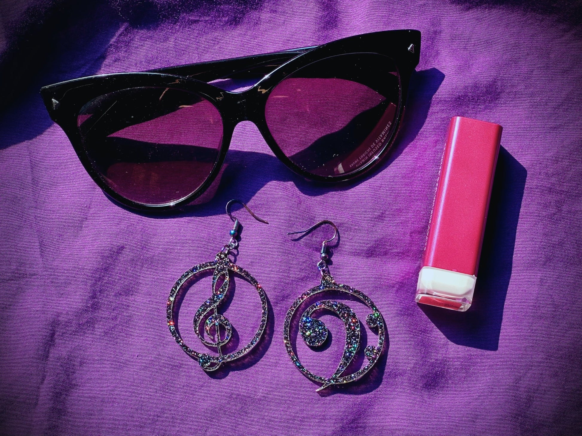 Music Lover's Treble and Bass Clef Earrings - Black Rainbow Glitter - Driftless Enchantments