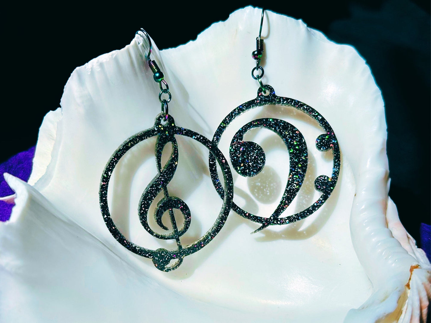 Music Lover's Treble and Bass Clef Earrings - Black Rainbow Glitter - Driftless Enchantments