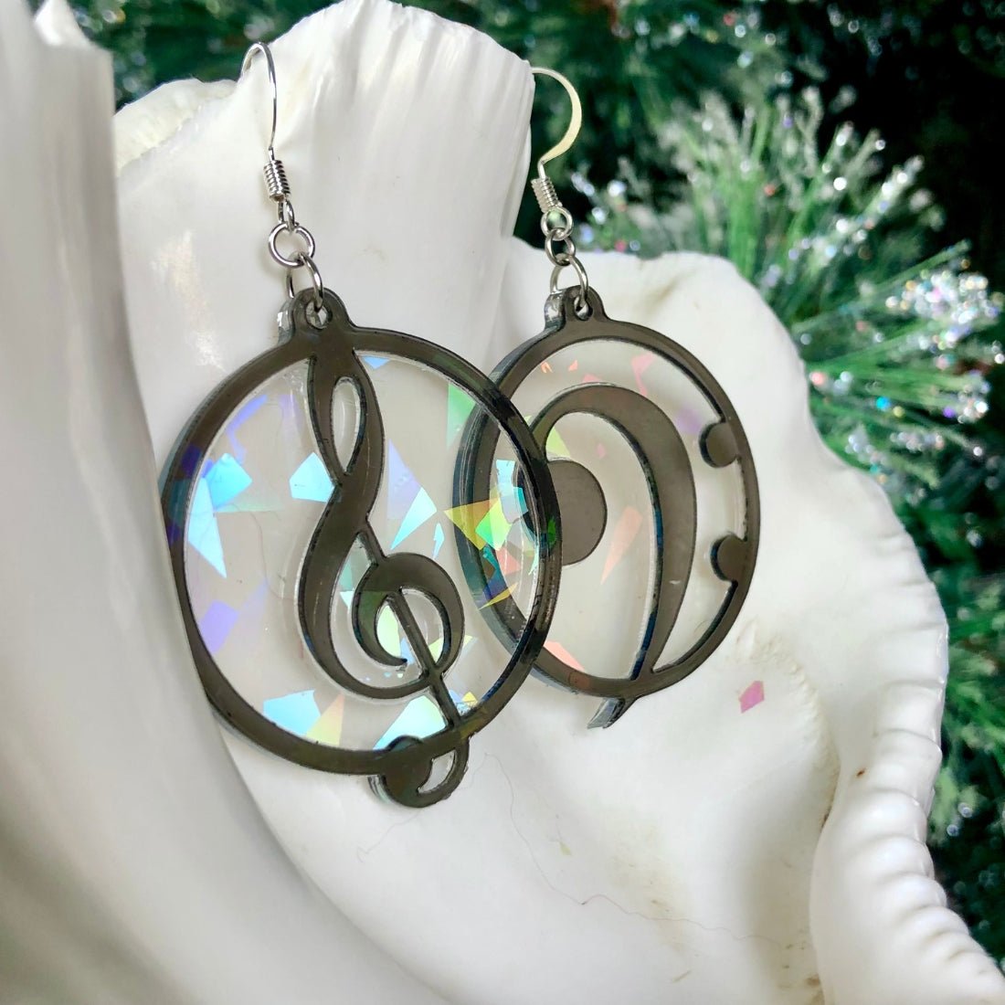 Music Lover's Treble and Bass Clef Earrings - Layered Holographic - Driftless Enchantments
