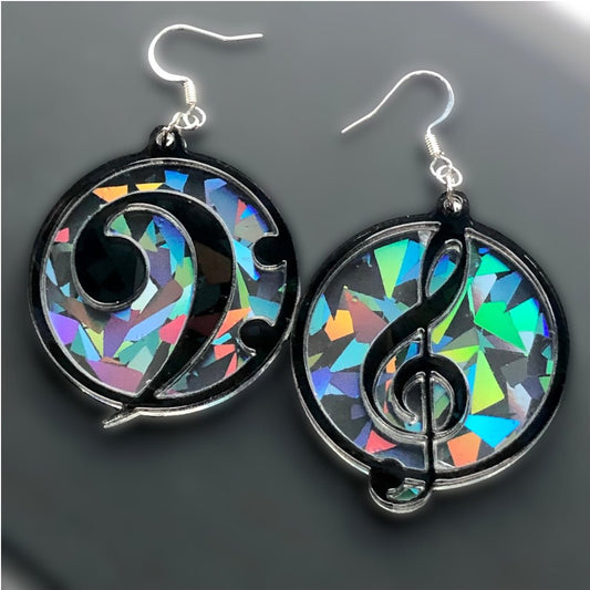 Music Lover's Treble and Bass Clef Earrings - Layered Holographic - Driftless Enchantments