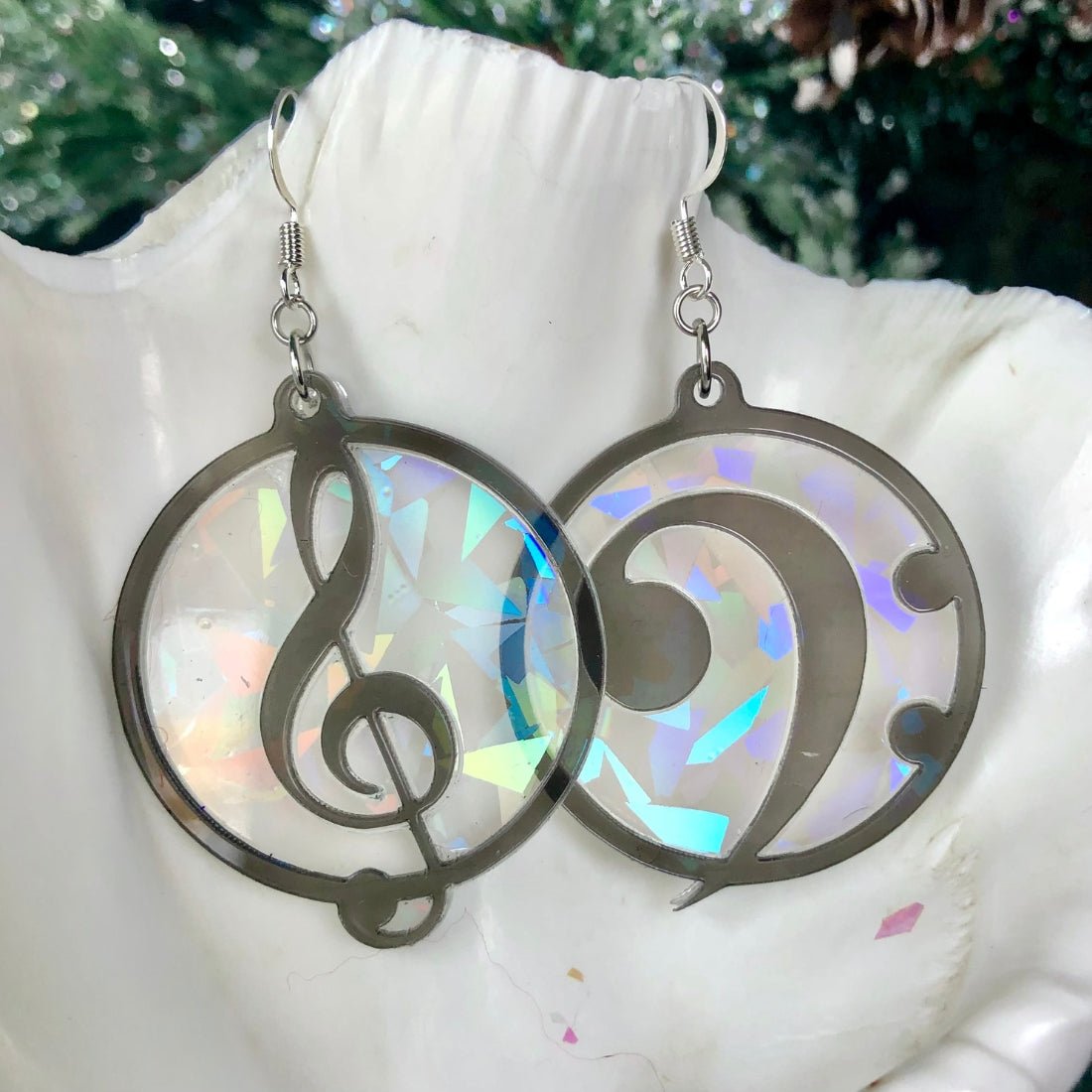 Music Lover's Treble and Bass Clef Earrings - Layered Holographic - Driftless Enchantments