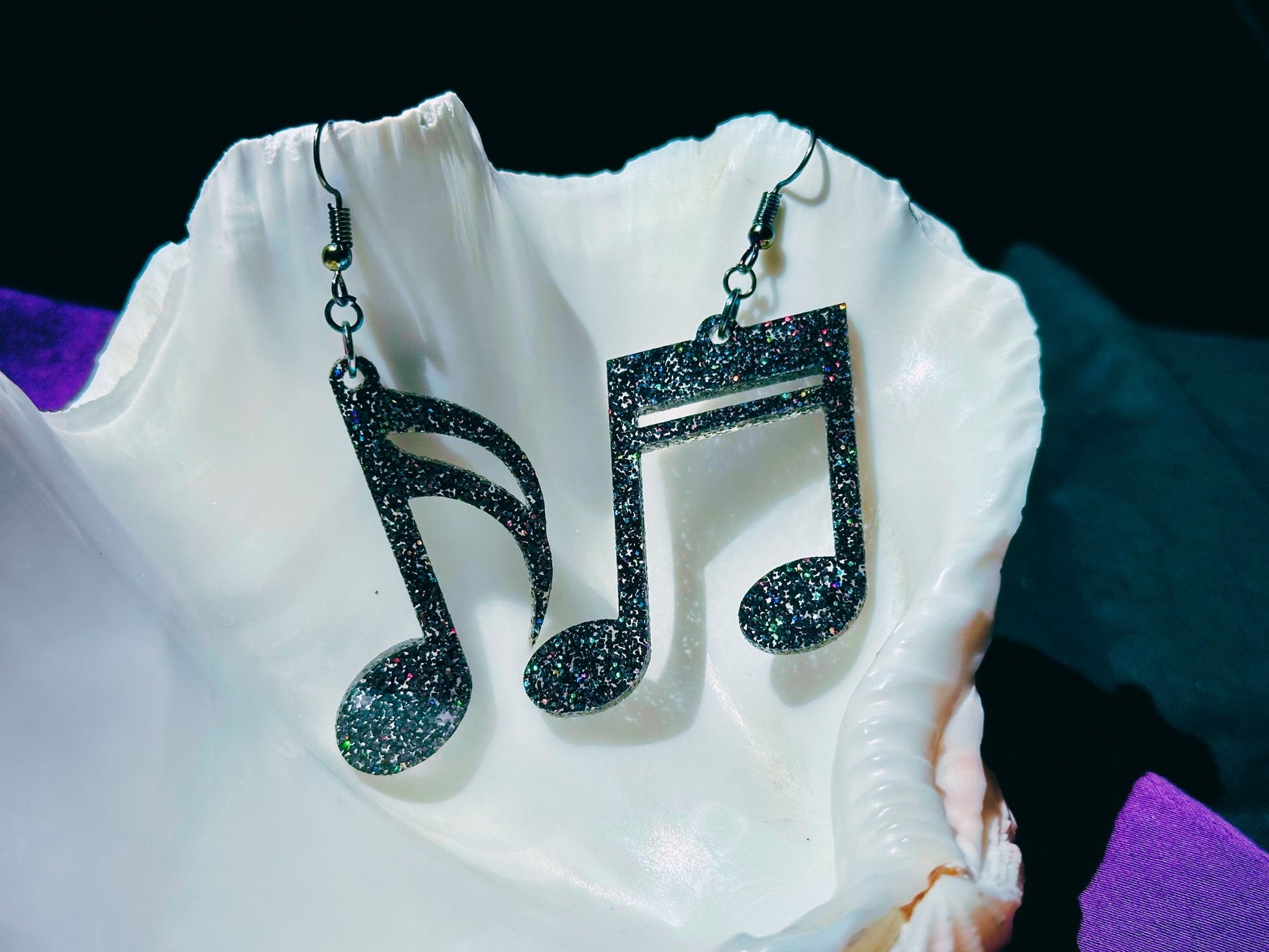 Music Notes Earrings - Black Rainbow Glitter - Driftless Enchantments