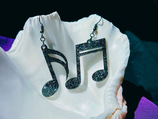 Music Notes Earrings - Black Rainbow Glitter - Driftless Enchantments