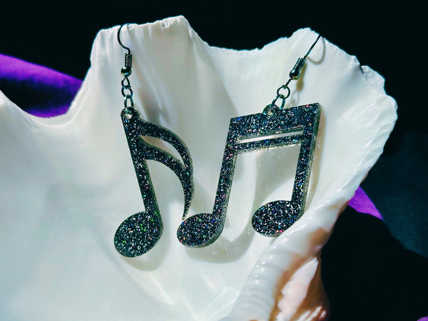Music Notes Earrings - Black Rainbow Glitter - Driftless Enchantments