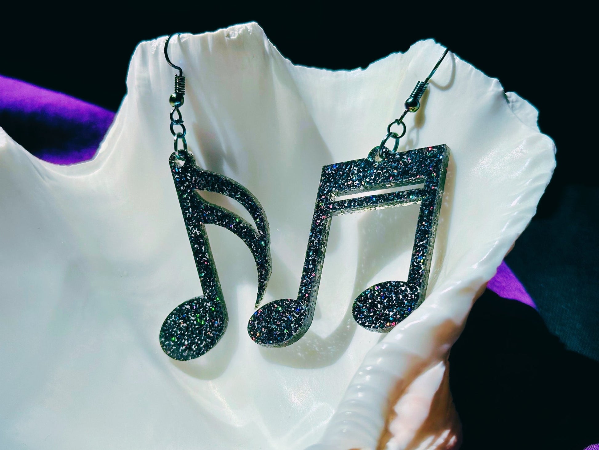 Music Notes Earrings - Black Rainbow Glitter - Driftless Enchantments
