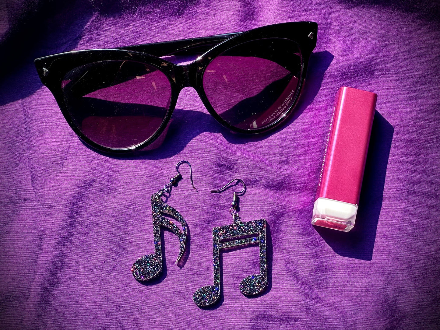 Music Notes Earrings - Black Rainbow Glitter - Driftless Enchantments