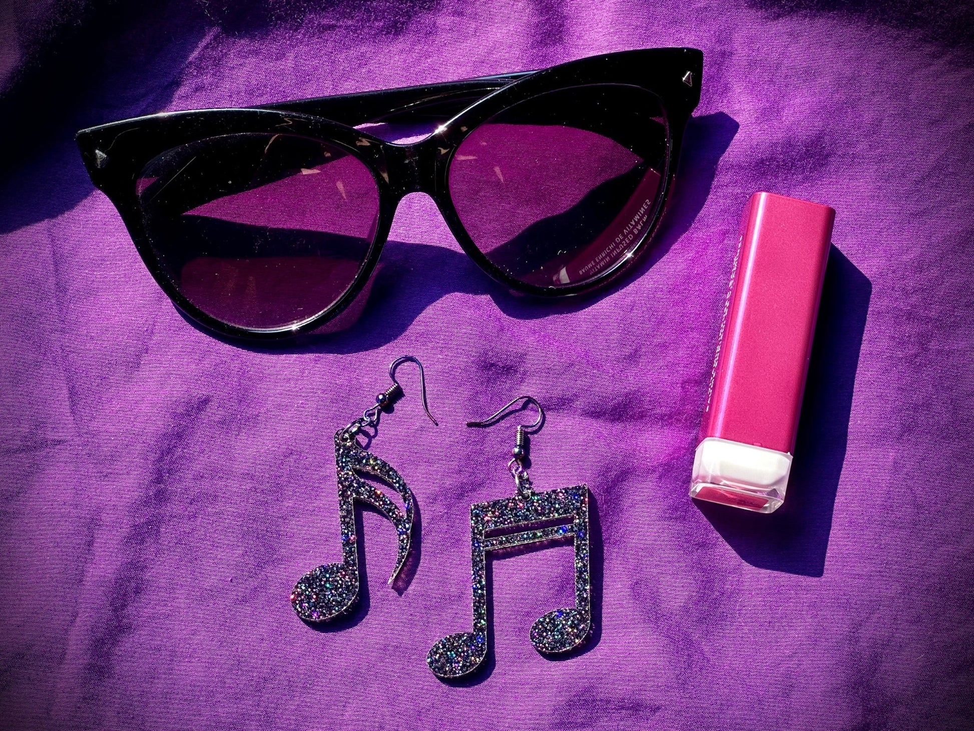 Music Notes Earrings - Black Rainbow Glitter - Driftless Enchantments