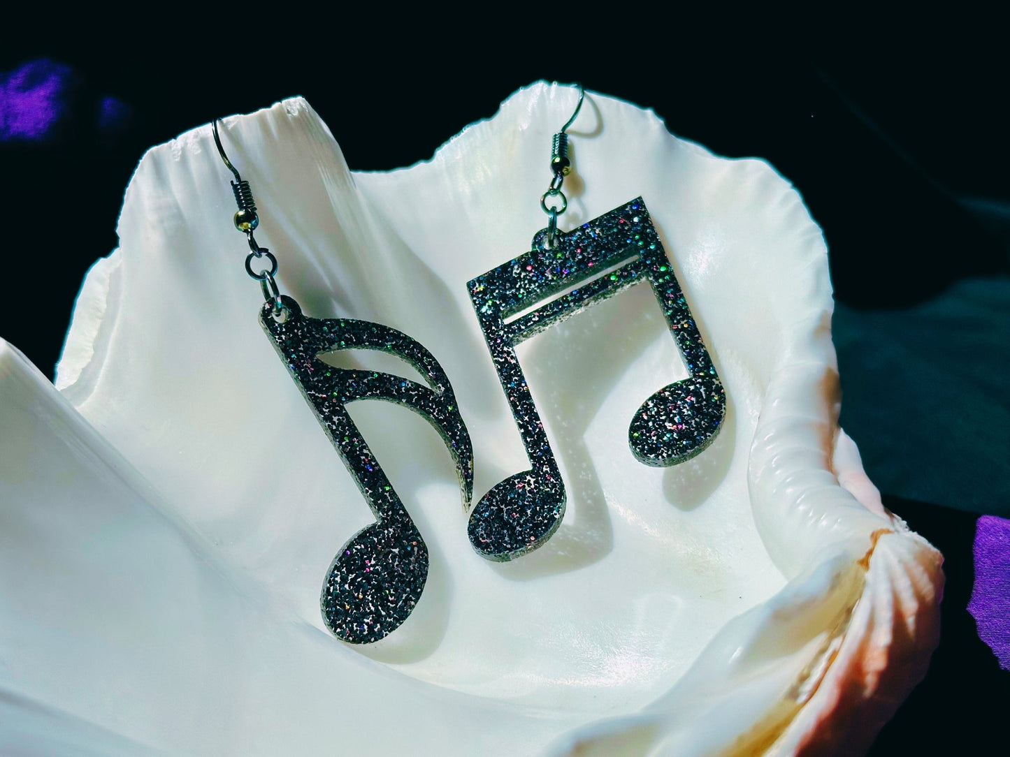 Music Notes Earrings - Black Rainbow Glitter - Driftless Enchantments