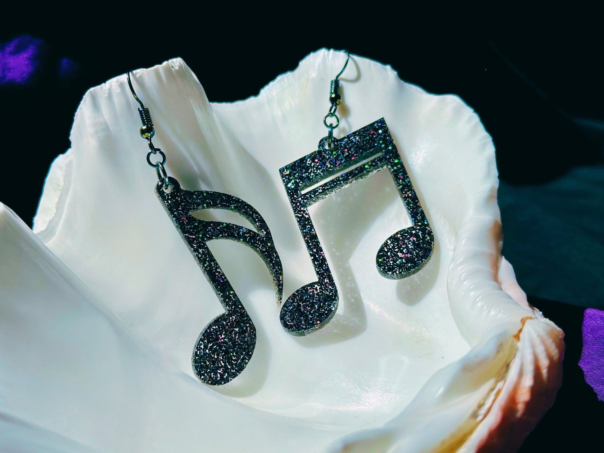 Music Notes Earrings - Black Rainbow Glitter - Driftless Enchantments