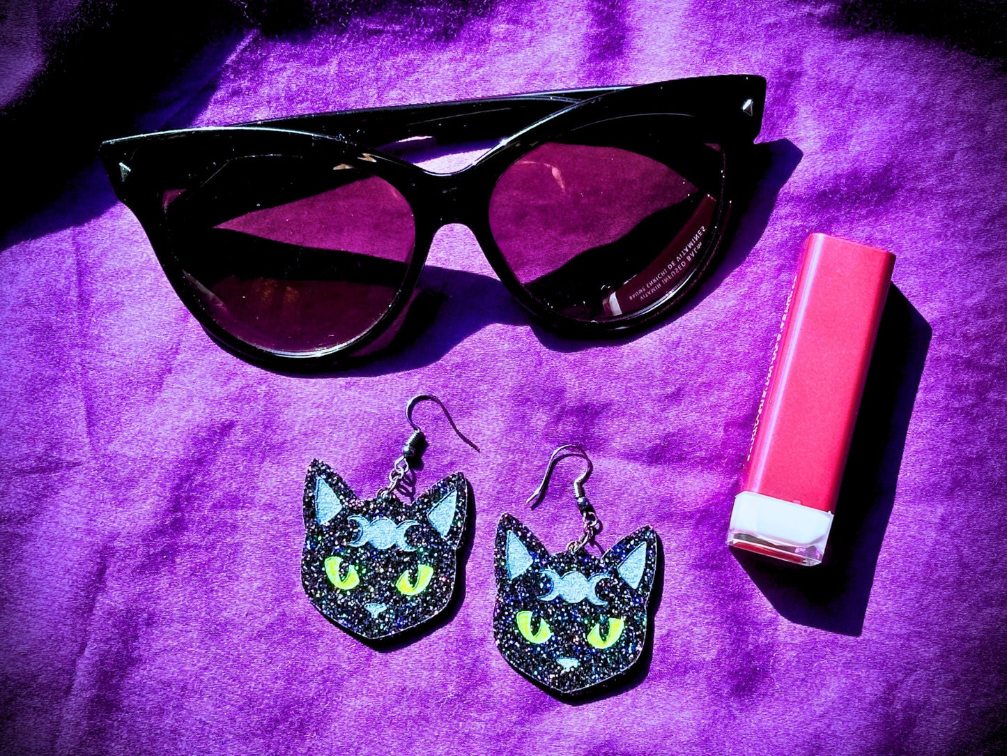 Mystic Kitty Earrings - Black Rainbow Glitter - Driftless Enchantments