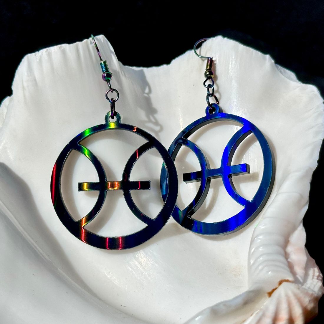 Pisces Zodiac Sign Earrings - Black Rainbow Holographic - Driftless Enchantments