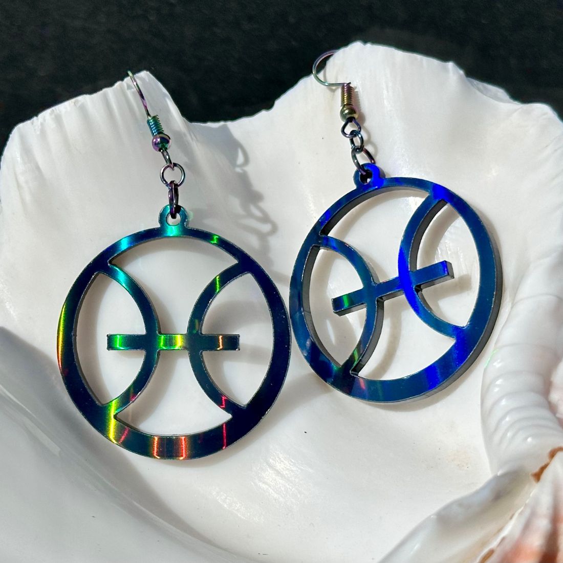 Pisces Zodiac Sign Earrings - Black Rainbow Holographic - Driftless Enchantments
