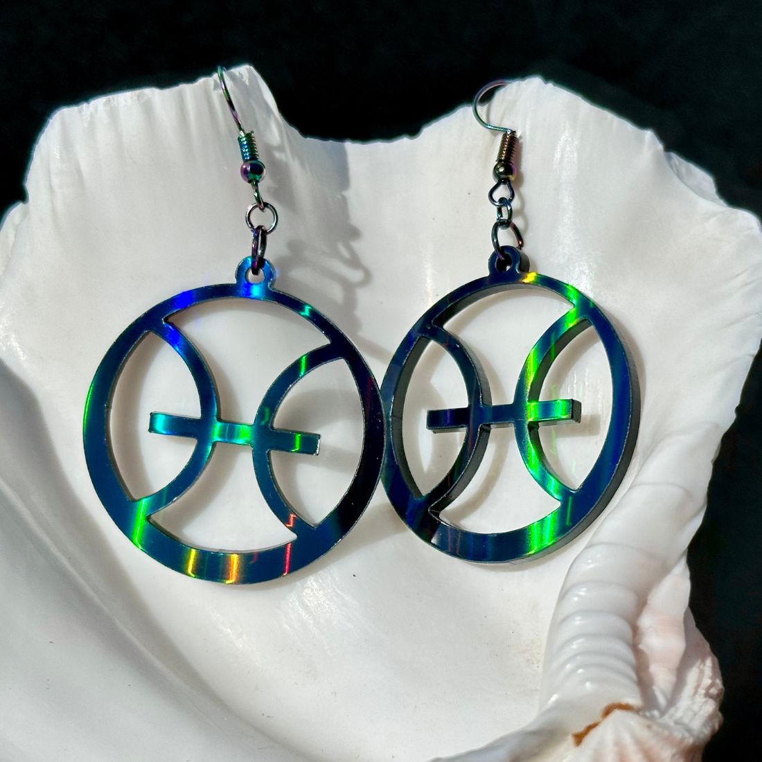 Pisces Zodiac Sign Earrings - Black Rainbow Holographic - Driftless Enchantments