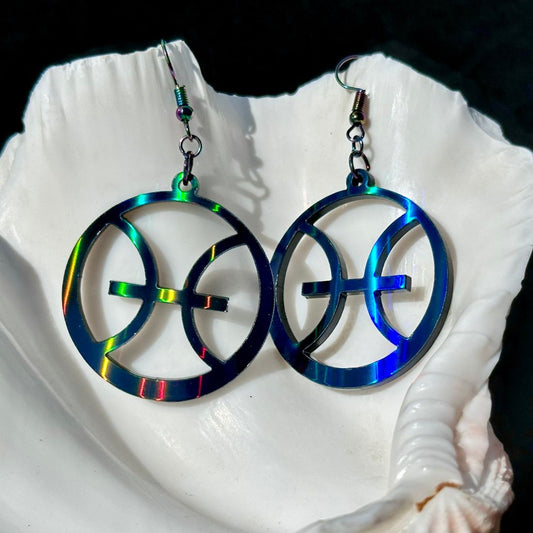 Pisces Zodiac Sign Earrings - Black Rainbow Holographic - Driftless Enchantments