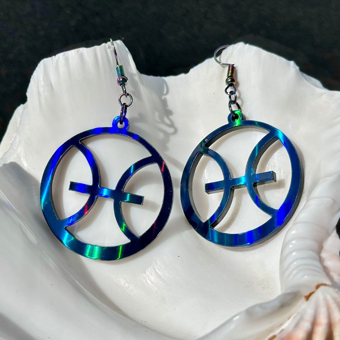 Pisces Zodiac Sign Earrings - Black Rainbow Holographic - Driftless Enchantments