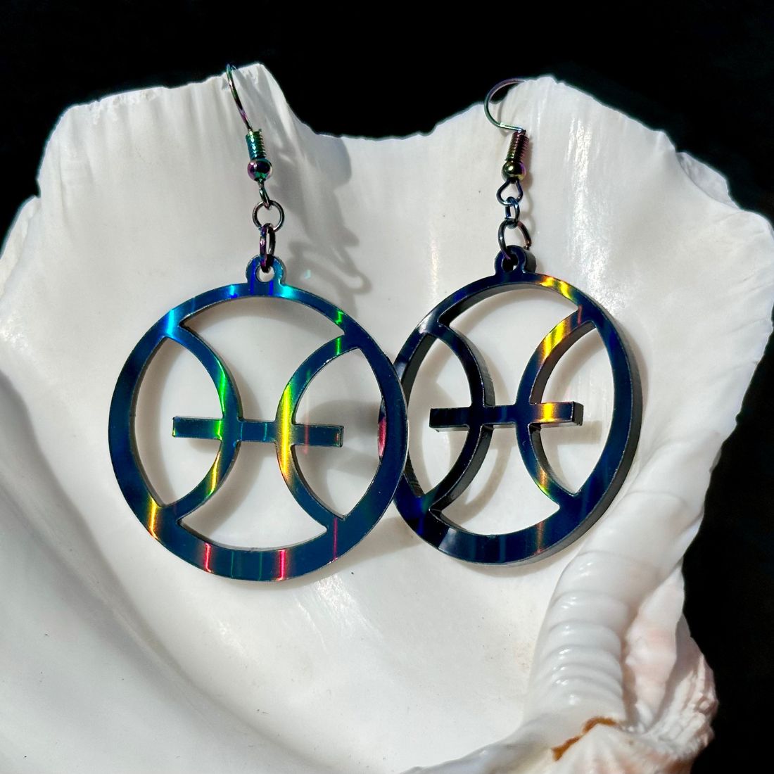 Pisces Zodiac Sign Earrings - Black Rainbow Holographic - Driftless Enchantments