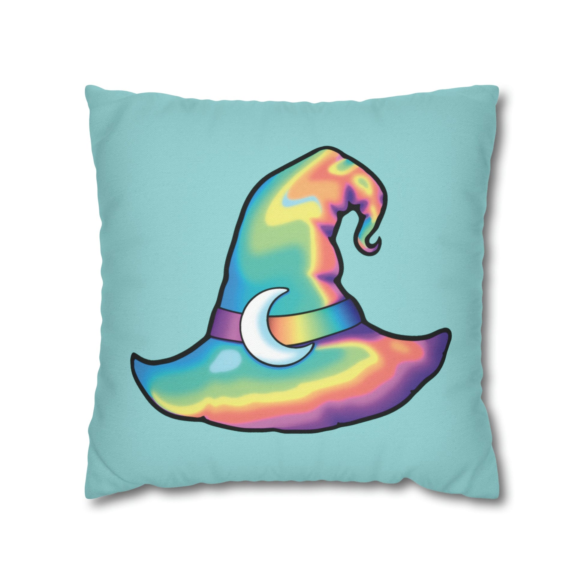 Rainbow Witch Hat Reversible Square Pillow Case - Aqua - Painted Raina