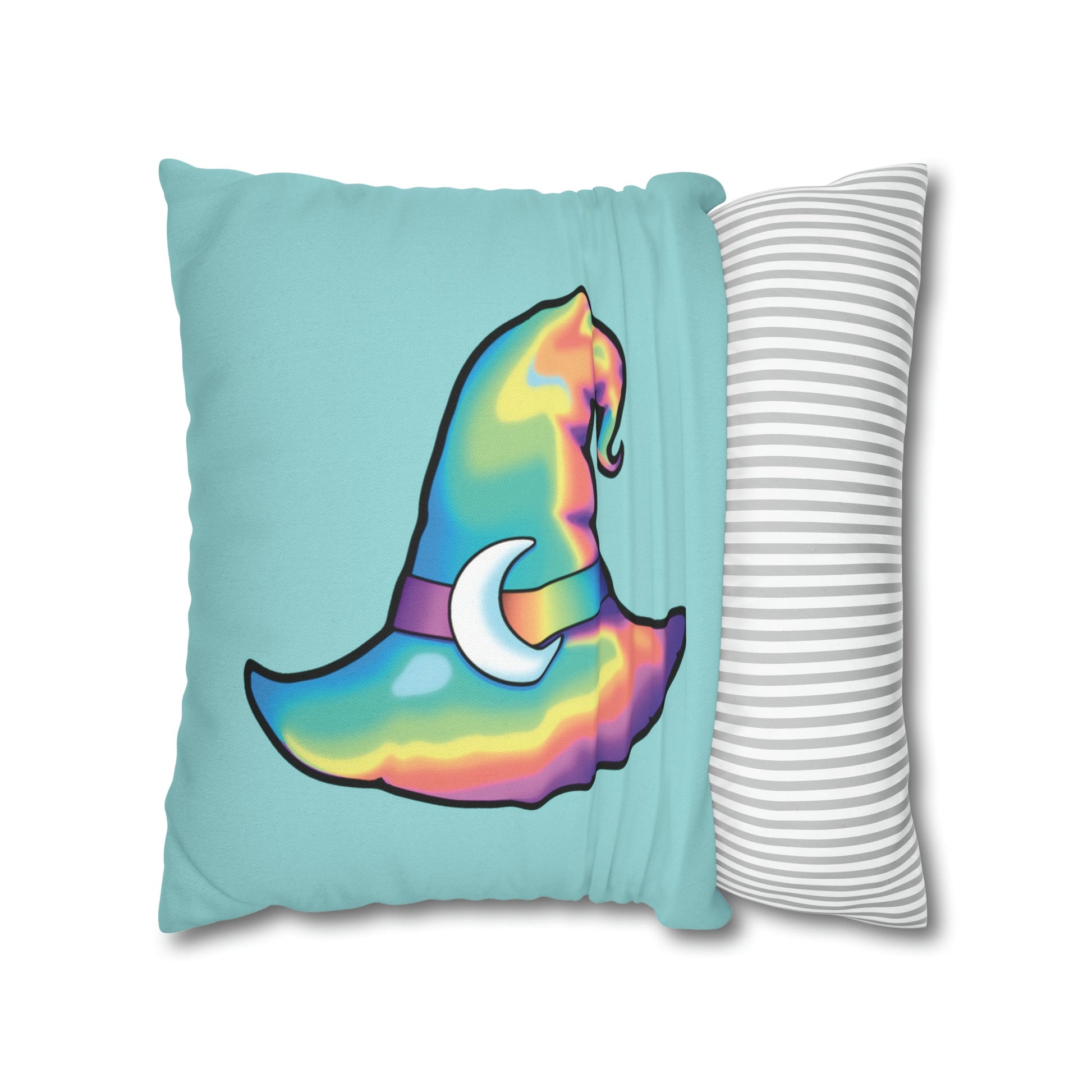 Rainbow Witch Hat Reversible Square Pillow Case - Aqua - Painted Raina