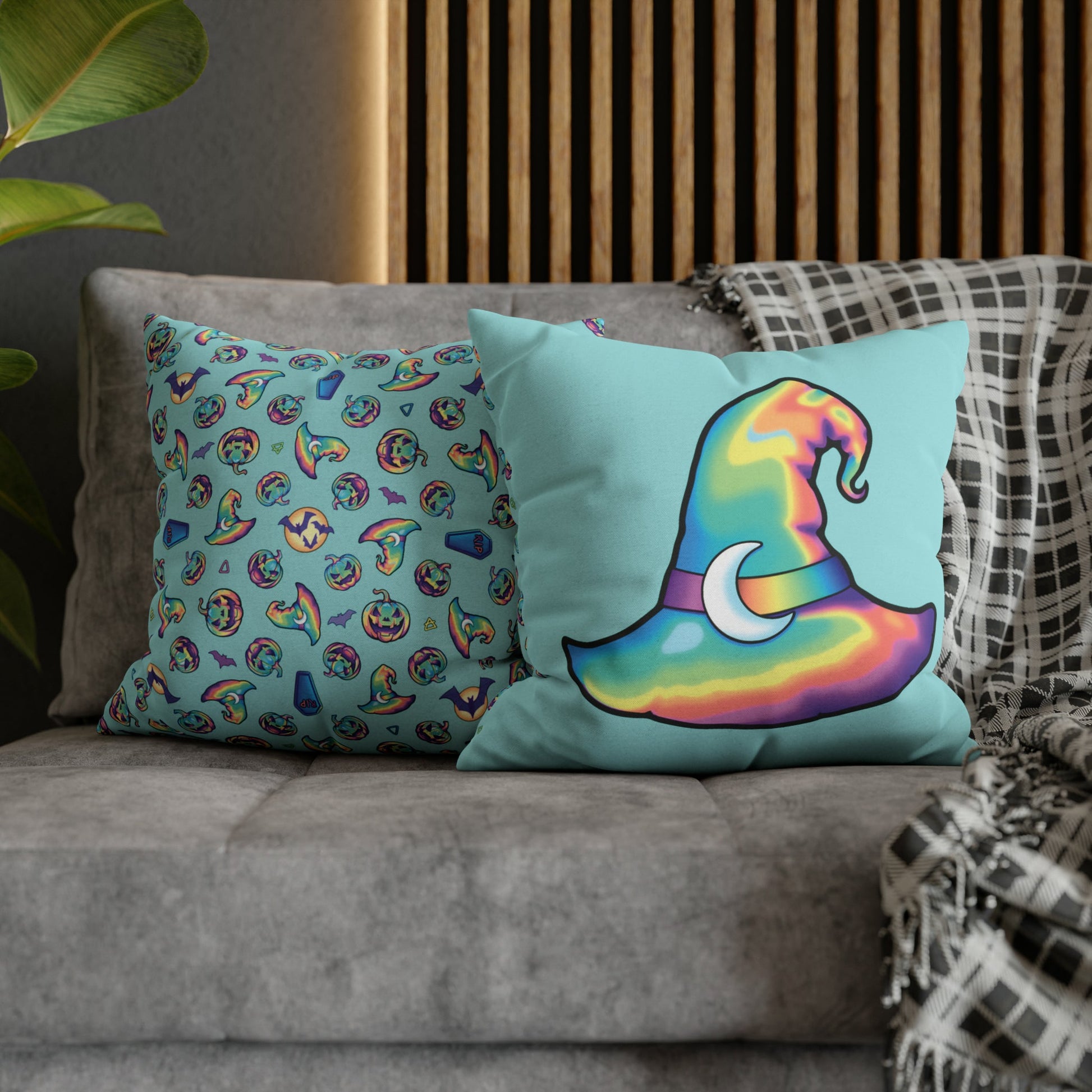 Rainbow Witch Hat Reversible Square Pillow Case - Aqua - Painted Raina