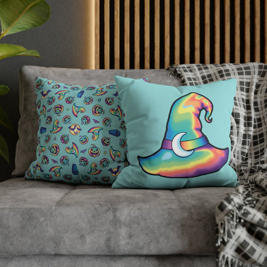 Rainbow Witch Hat Reversible Square Pillow Case - Aqua - Painted Raina
