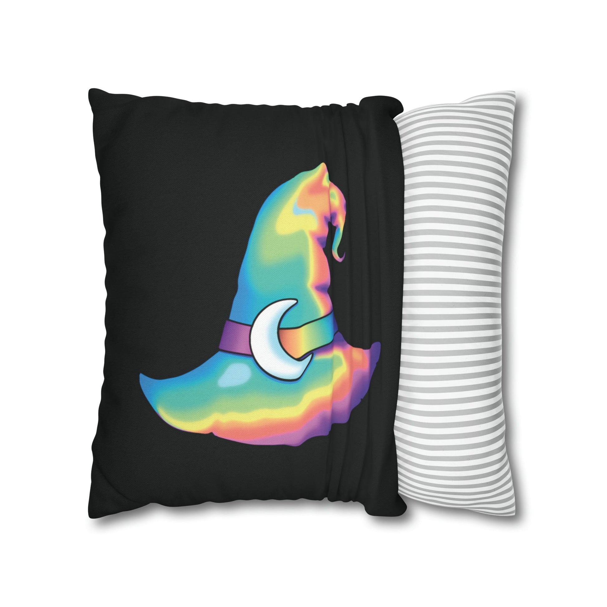 Rainbow Witch Hat Reversible Square Pillow Case - Black - Painted Raina