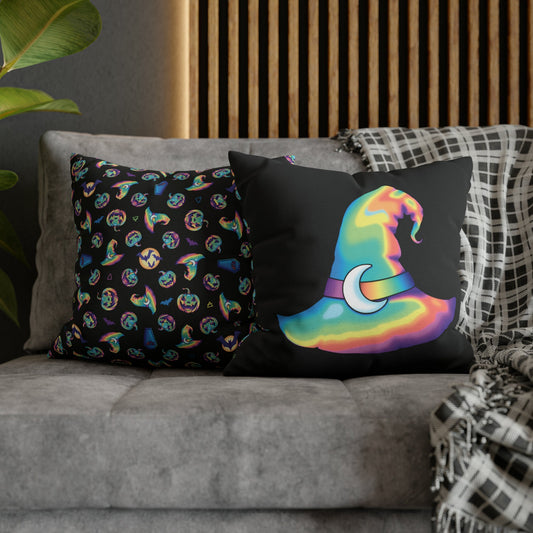 Rainbow Witch Hat Reversible Square Pillow Case - Black - Painted Raina