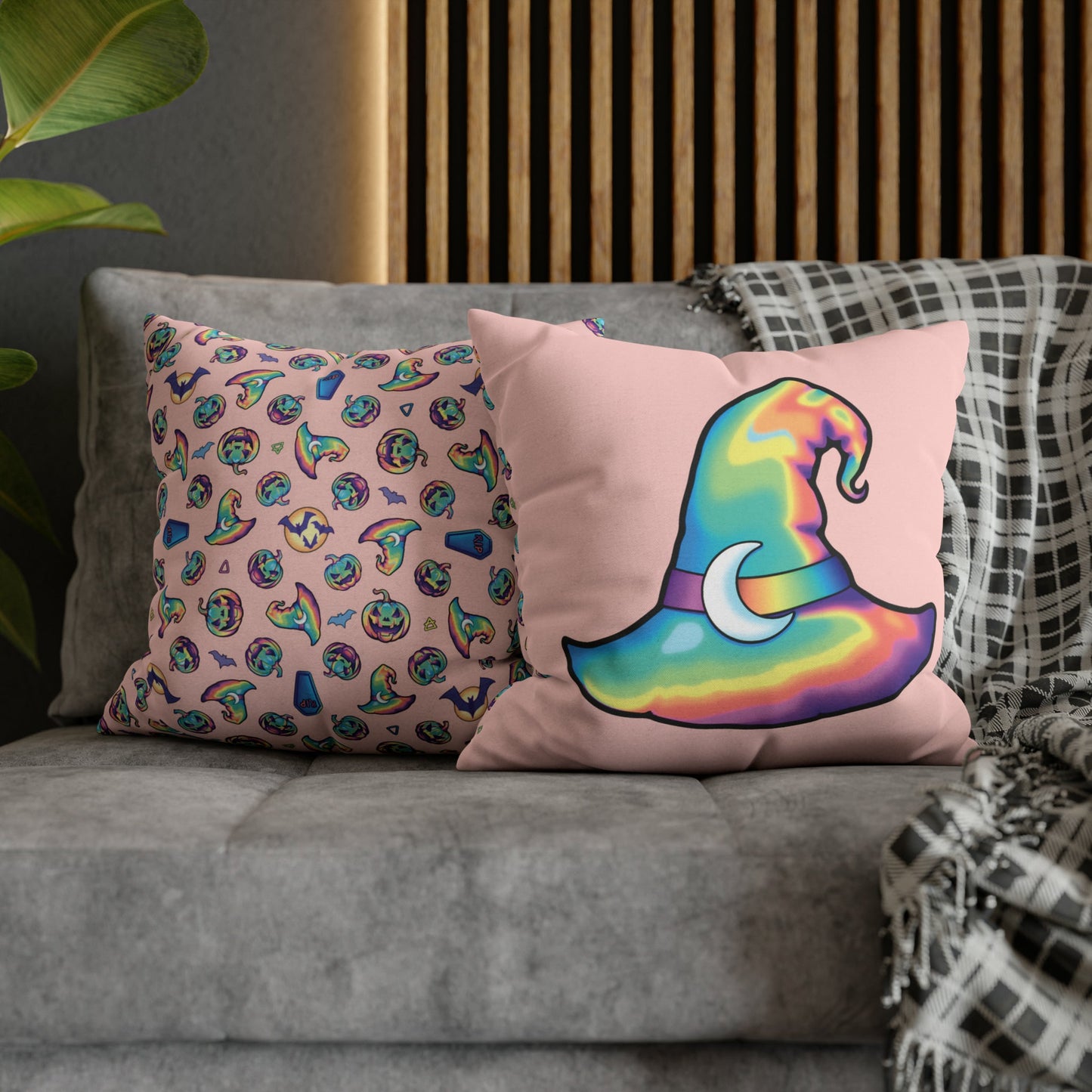 Rainbow Witch Hat Reversible Square Pillow Case - Coral - Painted Raina