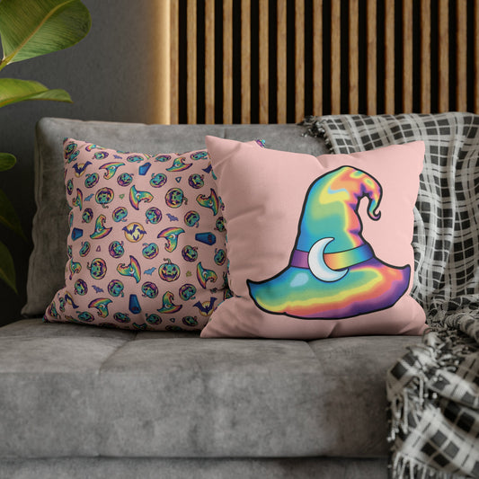 Rainbow Witch Hat Reversible Square Pillow Case - Coral - Painted Raina