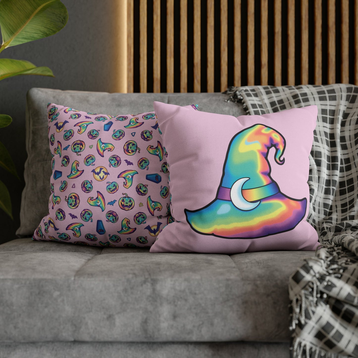 Rainbow Witch Hat Reversible Square Pillow Case - Pink - Painted Raina