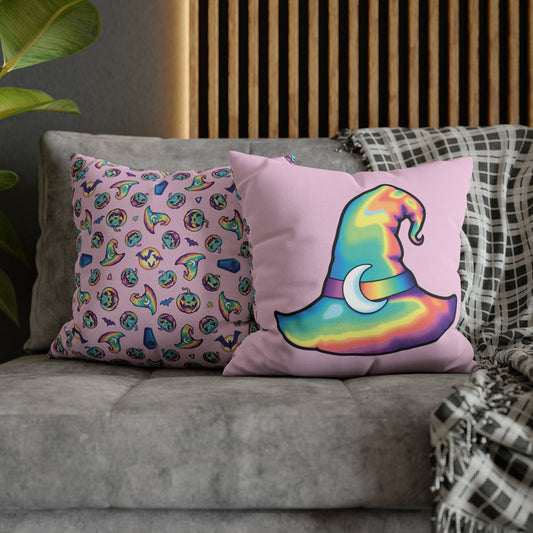 Rainbow Witch Hat Reversible Square Pillow Case - Pink - Painted Raina