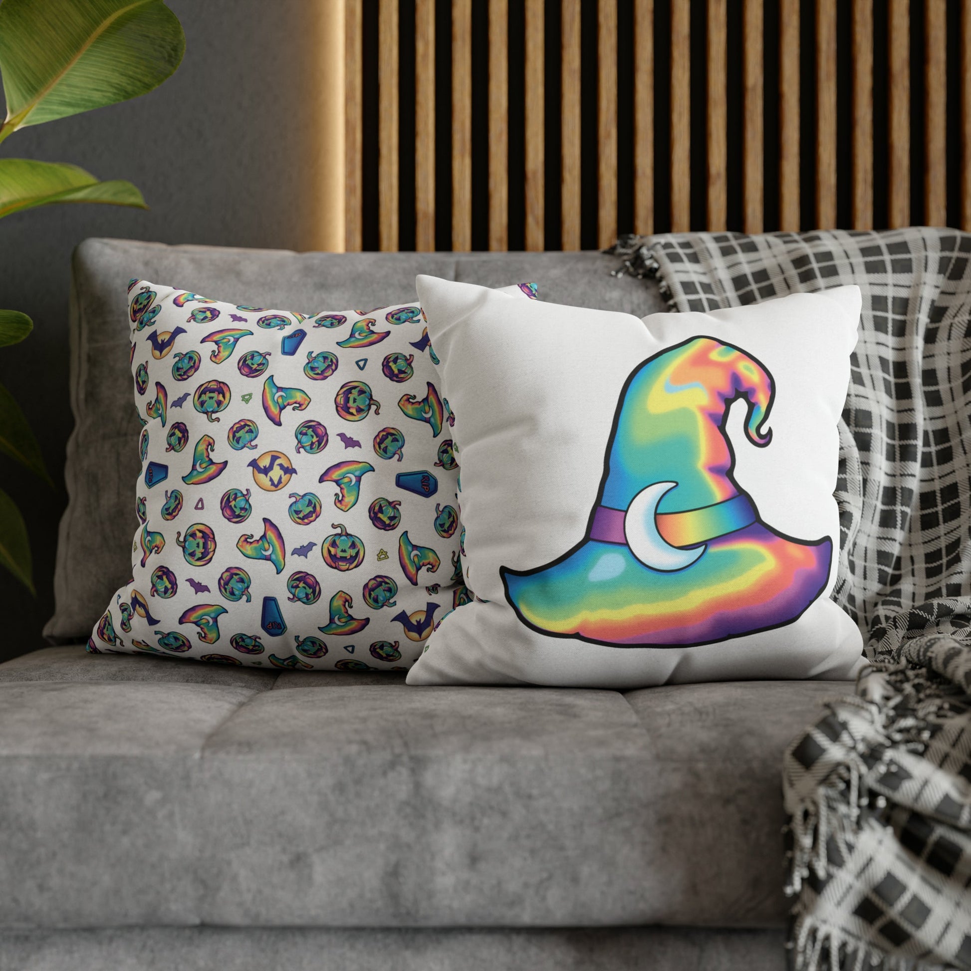 Rainbow Witch Hat Reversible Square Pillow Case - White - Painted Raina