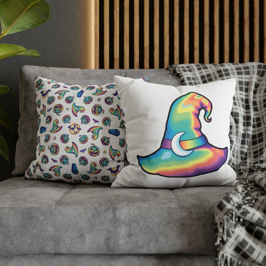 Rainbow Witch Hat Reversible Square Pillow Case - White - Painted Raina