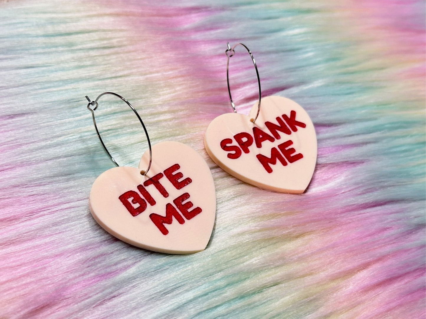 Raunchy Heart Earrings - "Bite Me, Spank Me" - Painted Raina