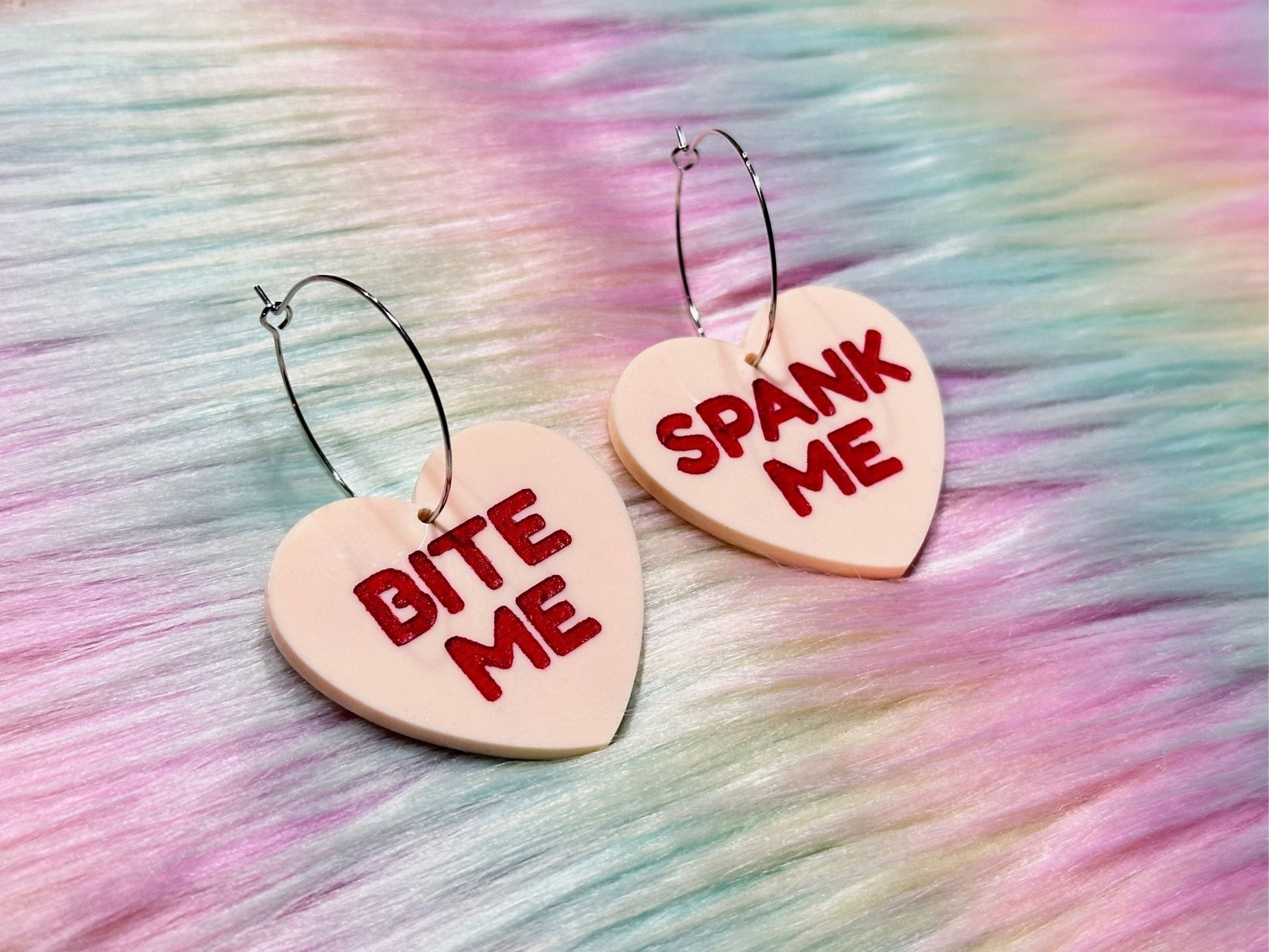 Raunchy Heart Earrings - "Bite Me, Spank Me" - Painted Raina