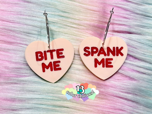 Raunchy Heart Earrings - "Bite Me, Spank Me" - Painted Raina
