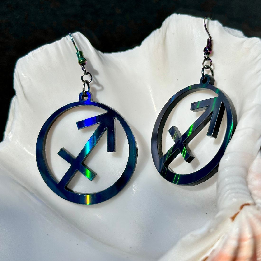Sagittarius Zodiac Sign Earrings - Black Rainbow Holographic - Driftless Enchantments