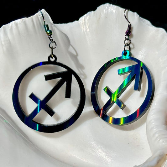 Sagittarius Zodiac Sign Earrings - Black Rainbow Holographic - Driftless Enchantments