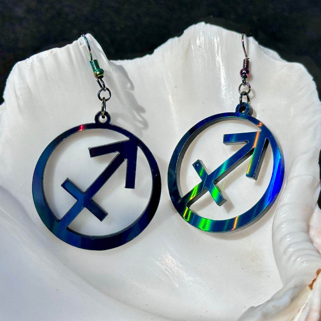 Sagittarius Zodiac Sign Earrings - Black Rainbow Holographic - Driftless Enchantments