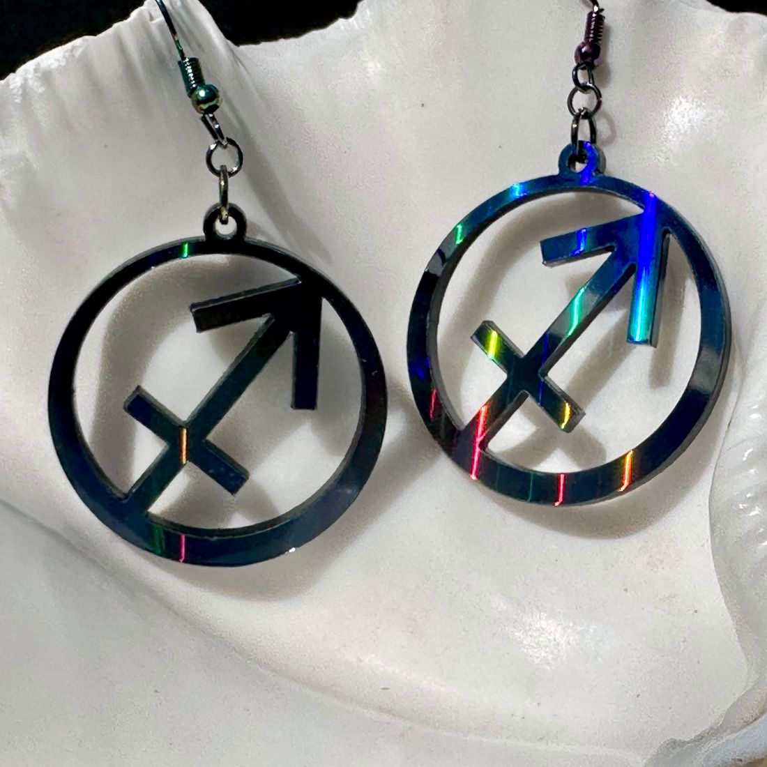 Sagittarius Zodiac Sign Earrings - Black Rainbow Holographic - Driftless Enchantments
