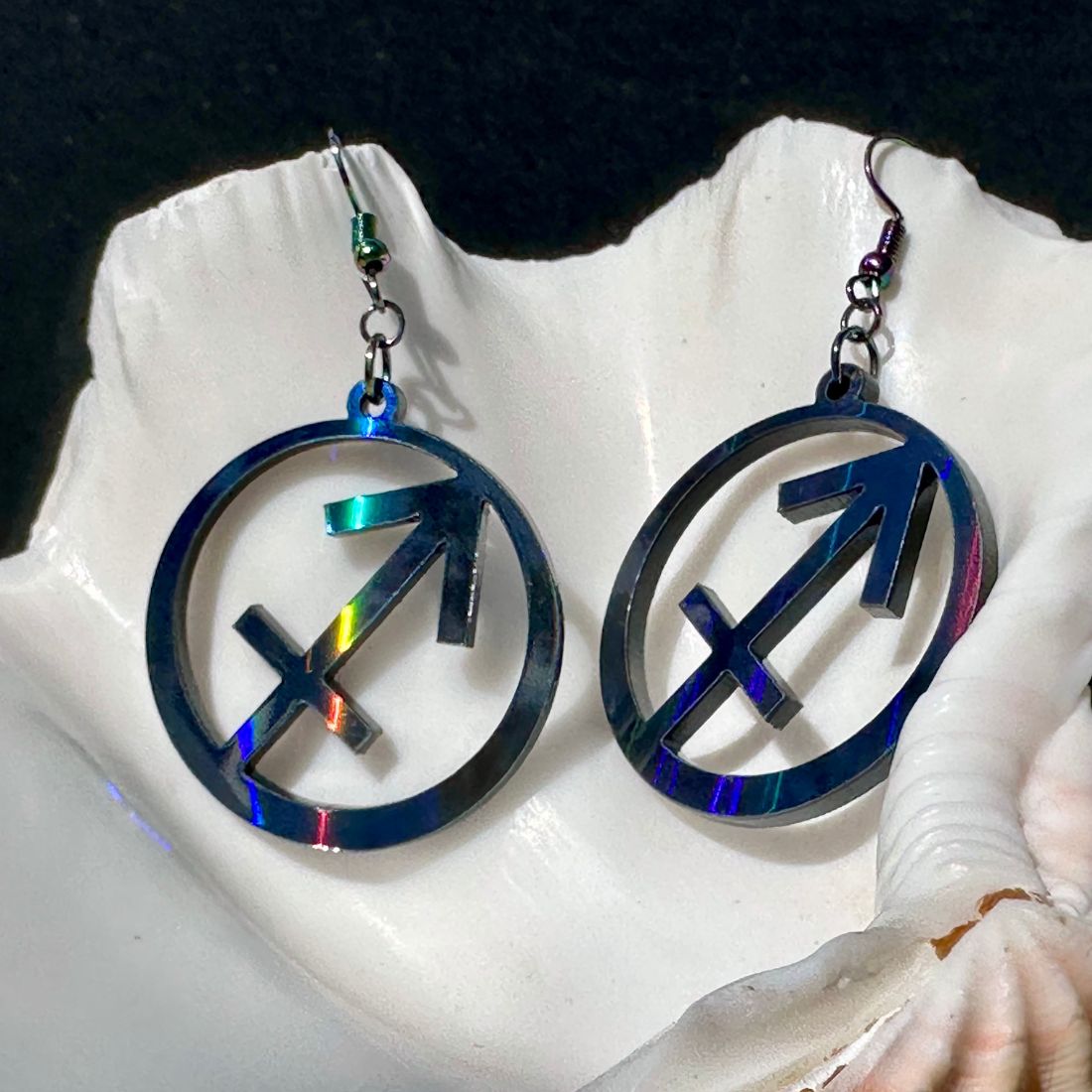 Sagittarius Zodiac Sign Earrings - Black Rainbow Holographic - Driftless Enchantments