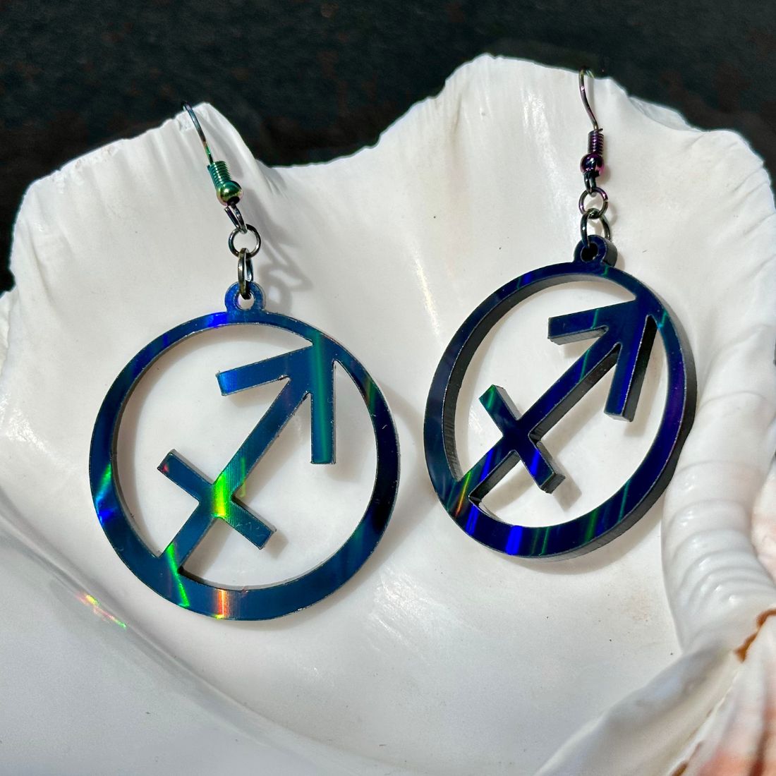 Sagittarius Zodiac Sign Earrings - Black Rainbow Holographic - Driftless Enchantments