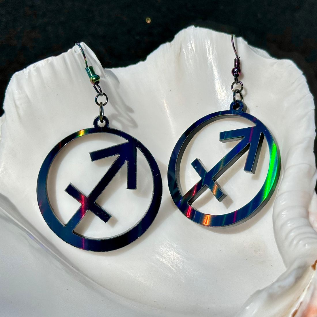 Sagittarius Zodiac Sign Earrings - Black Rainbow Holographic - Driftless Enchantments