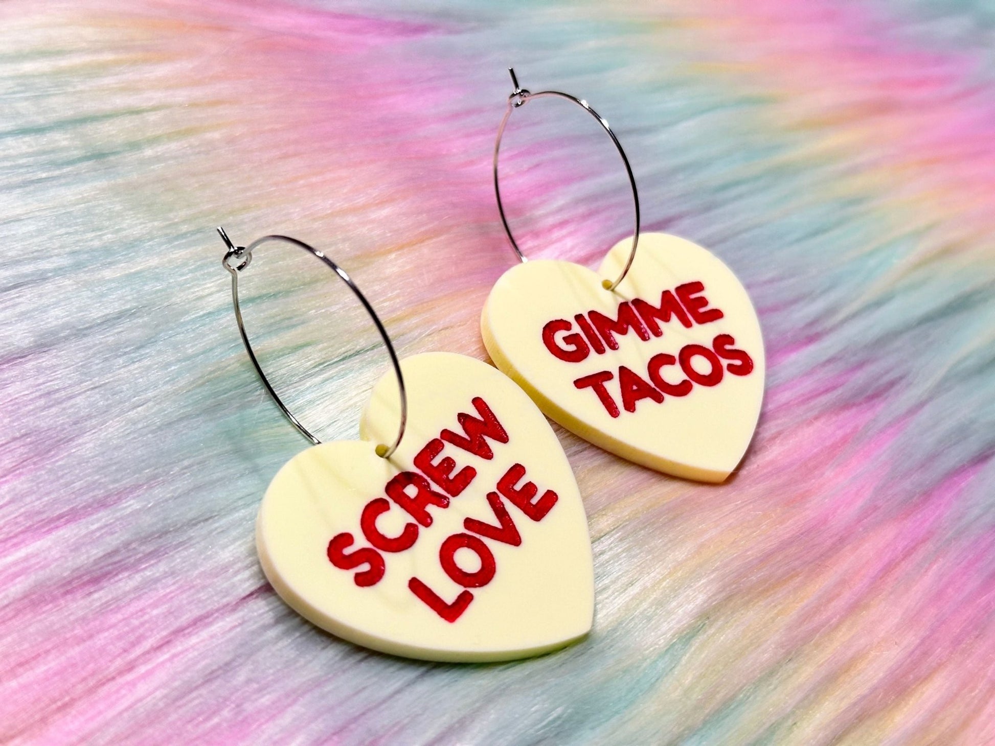 Sassy Heart Earrings - "Screw Love, Gimme Tacos" - Painted Raina