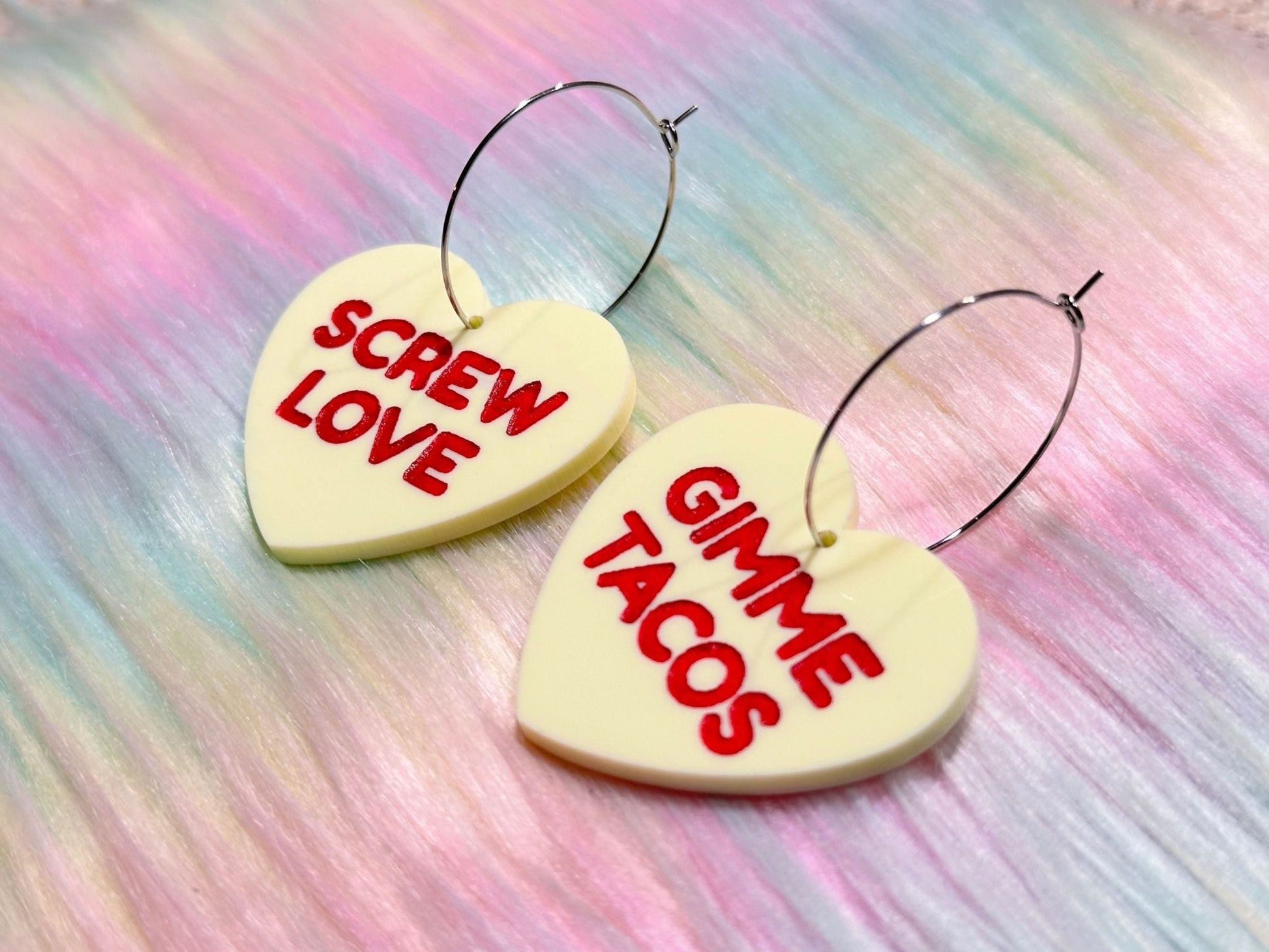Sassy Heart Earrings - "Screw Love, Gimme Tacos" - Painted Raina