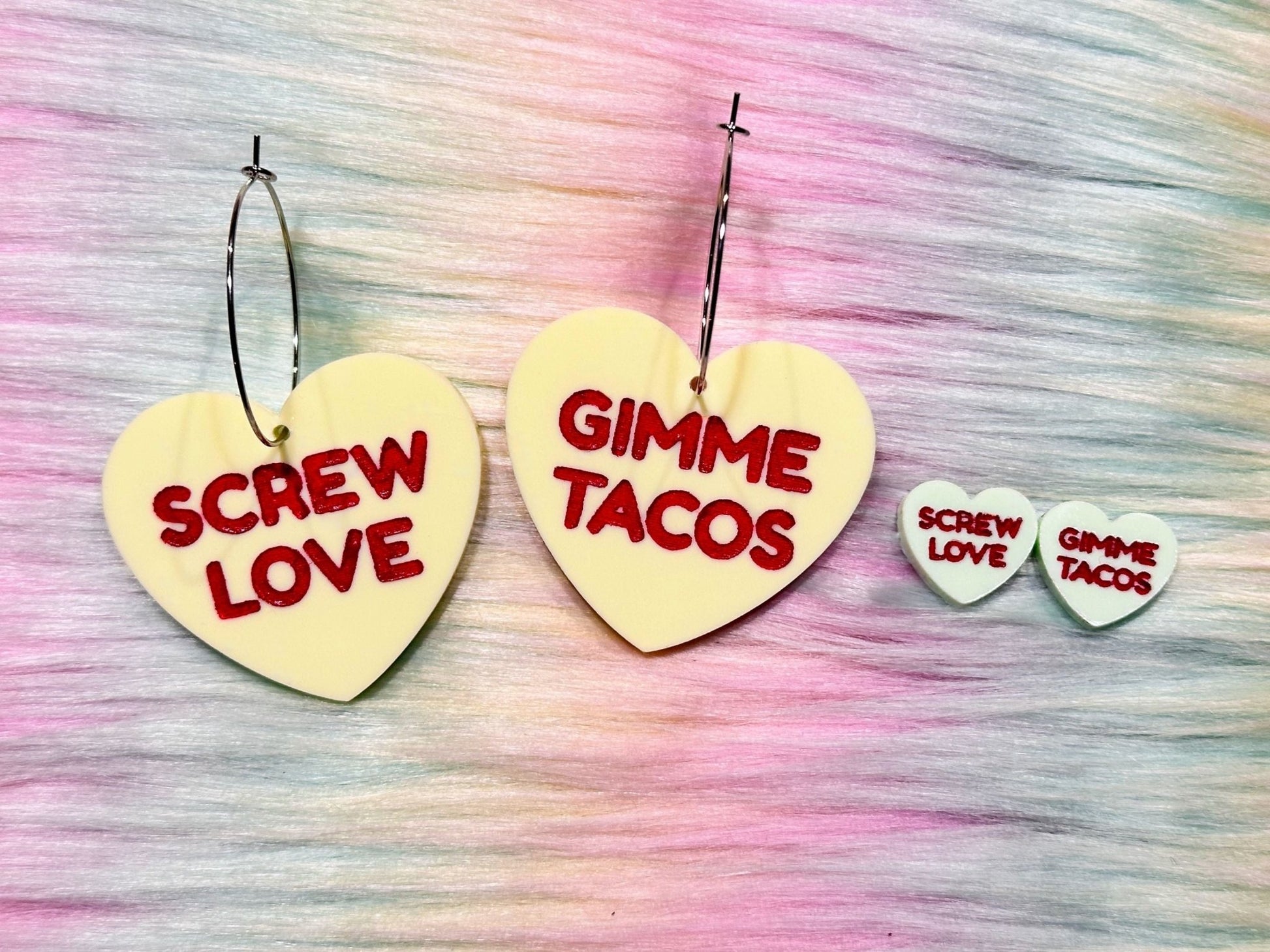 Sassy Heart Earrings - "Screw Love, Gimme Tacos" - Painted Raina
